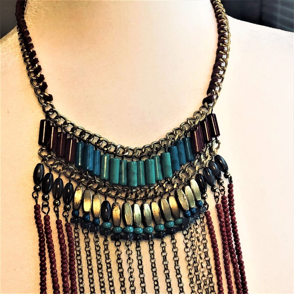 Rare Vintage Tribal Theme Beaded Fringes Colorful Necklace - Picture 1 of 4